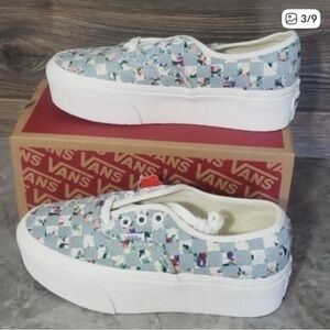 New Vans Authentic Stacked Woven Denim Floral Blue White Platform Shoes